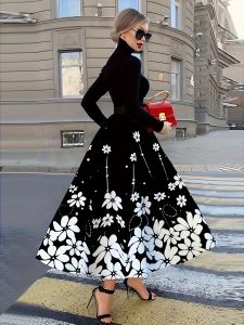 Printed Design Four Seasons Black Background White Flower Vacation Style Half Skirt