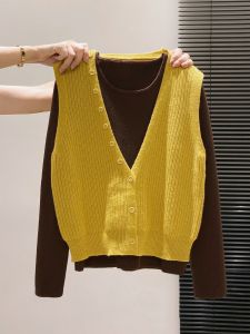 Ladies Long Sleeve Knitted Sweater round Neck Loose Fit Autumn Winter New Style Double Layering Slimming Effect Commute Friendly