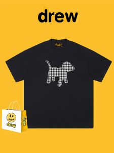 เสื้อยืดแขนสั้นผ้าฝ้ายลายการ์ตูนสุนัขสไตล์อเมริกัน Drew สำหรับผู้ชายและผู้หญิง ทรงหลวม ลำลอง คอกลม ฤดูร้อน 2025