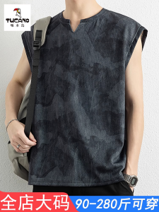 Large Size Mens Vintage Sleeveless Vest Loose Casual American V-neck Trendy Summer New Style Breathable Polyester Fabric
