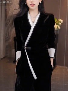 QINGNAER | Elegant French Style Patchwork Contrast V Neck Slanted Placket Long Sleeve Loose Top