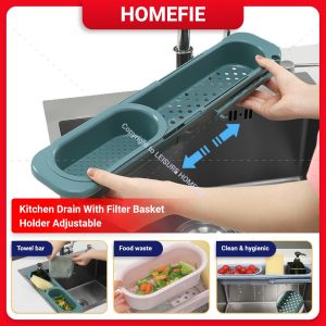 Extendable Kitchen Drain With Filter Basket Sink Rack Organiser Basin Shelf Holder Adjustable Penapis Rak Sinki Dapur Ready Stock 水槽置物架