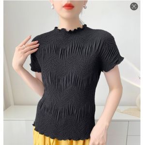 ผู้หญิงเสื้อยืดลายปักจำนวนมากจีบเสื้อยืดสวมสบายแขนสั้นชุดเข้ารูปสตรีลดอายุ # S-562