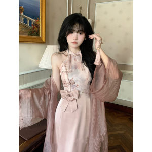 Summer 2024 New Vintage Chinese Style Gown with Butterfly Knot Satin Patchwork Neck Hanging Qipao Dress Floral Print Sleeveless