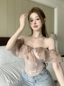 Pink Ruffled Off-Shoulder Short Sleeve Summer French Style Shirt