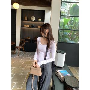 Pink Long Sleeve V-Neck T-Shirt Womens Simple Elegant High-End Feeling Autumn New Style Chest Pad Included Daily Wear Ladies Top