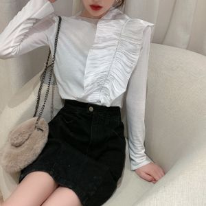 GUZILIAN | Fashionable Pleated Slim Fit Womens Base Shirt Spring Autumn New Style Elegant Versatile T-Shirt Korean Version Round Neck Long Sleeve