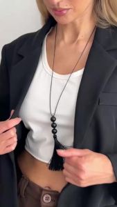 Ingemark Trendy Simple Black Acrylic Round Beads Long Necklace for Women Vintage Adjustable Rope Chain New Jewelry Accessories