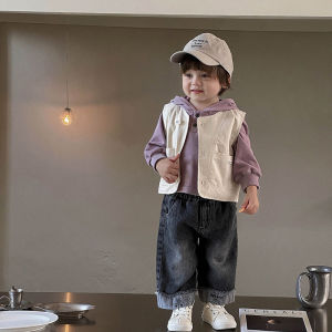 ชุดสามชิ้นฤดูใบไม้ร่วงสำหรับเด็กชาย เสื้อกั๊กเปิดไหล่ เสื้อสเวตเตอร์ ขายาว บุขนแกะ ผ้าเดนิม ระดับความปลอดภัย a