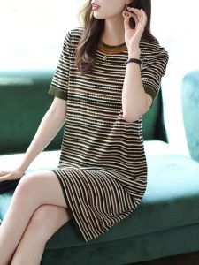 Pure Cotton Knitted round Neck Dress Midi Length Loose Casual Womens Fashionable Striped Skirt A-Line Summer Dress