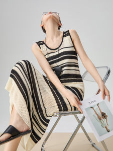 Summer French Black White Stripes Knitted Sleeveless Vest Dress Womens New 2025 High Waist A-Line Skirt Casual Style Dress