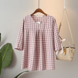Slimming Plaid Short Sleeve Shirt round Neck Pullover Large Size Womens Spring Summer Top KX367 Casual Commute Style Loose Fit