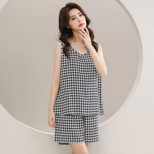 Summer Cotton Silk Set Women Loose Sleeveless Home Clothes Short Pants V-neck Print Casual Comfortable Breathable Sleepwear