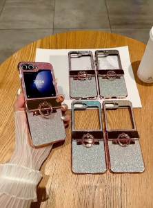 Luxury Glitter Diamond Bracket Case for Samsung Galaxy Z Flip 6 5 4 3 7 8 Ring Holder Stand Gradient Plating Bling Hard Cover