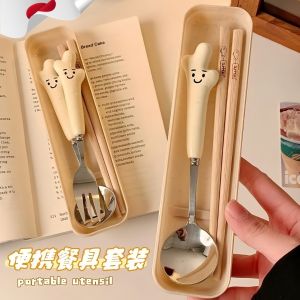 Premium Wooden Handle Stainless Steel Chopsticks Spoon Set Storage Box Portable Food Grade Dining Utensils Three Piece Set