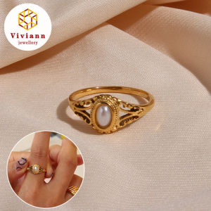 Viviann Original 18K Gold Plated Hollow Texture Pearl Rings For Women Gold Ring Rings Finger Chunky Wedding statement Jewelry Shell Pearl Zircon Ring Gift
