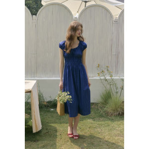 Adjustable Neckline Bubble Sleeve Dress French Waist Cinching A-Line Skirt Simple Retro Womens Clothing Spring Summer Dress