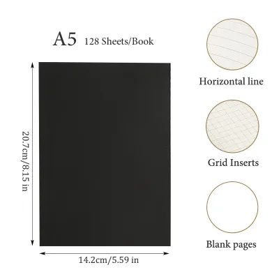 Black Cover A5/B5 Notebook128 Sheets/256 Pages/BookBlankHorizontal Line and Grid Pages Office Study Notes Supplies CS-078