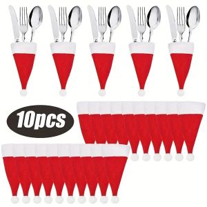 5/10/20Pcs Christmas Decorations Hat for Fork Knife Tableware Plush Mini Santa Hat Family Party Decor New Year Gifts Xmas Hat