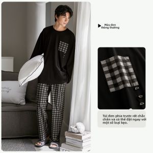 yuenei | Bộ đồ ngủ cotton dài tay cổ tròn màu đen cho nam mùa xuân thu Bộ đồ mặc nhà thoải mái thoáng khí vải cotton pha polyester