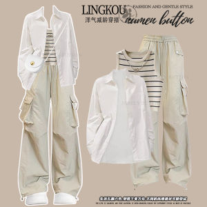 plus Size Autumn Fashion Three Piece Set Striped Knitted Vest Versatile Sun Protection Casual Pants Womens Style Long Sleeve Polo Collar