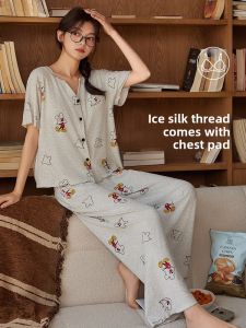 miiow | Ice Silk Sleepwear Womens Thin Short Sleeve Long Pants V-neck Home Clothes Set Can Be Worn Outside Cat Person Summer Leisure Suit
