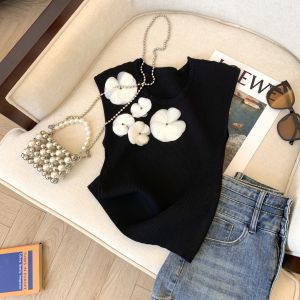 Womens Slim Fit Short Knitted Sweater Vest with 3D Flower Decoration Spring Inner Wear Base Top Sleeveless Fashion Style