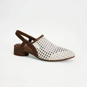 Womens French Hollow out Woven Sandals Round Toe Non-Slip Soft Leather Low Heeled Shoes for Mothers Comfortable Slip-On