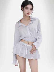 High Waist Shirt And Elastic Waist A-Line Umbrella Skirt Set Sweet American Spicy Girl Design College Sports Style for Women