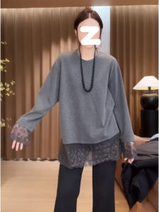 Slimming Effect Long Sleeve T-Shirt round Neck Lace Patchwork Loose Fit Mid-Length Cover Butt Top for Women Autumn New Style