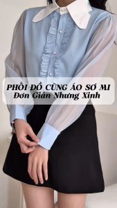 Áo Sơ Mi Tay Dài Cổ Cánh Tiên Tay Voan Dễ Thương Phong Cách Hàn Quốc Cho Nữ-A4 Màu Xanh