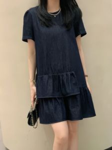 Retro Korean Style round Neck Denim Vest Dress Women Summer plus Size Loose Casual Short Sleeve Cotton A-Line Dress