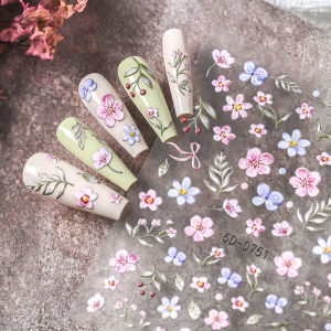 1Pcs 5D Embossed Watercolor Wildflower Nail Stickers Pink Purple Flowers Self-adhesive Nails Decals Sweet Style Manicure Slider