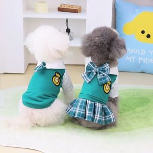 Cute Puppy Uniform Dress Summer Thin Dog Clothes Couple Style with Bow Tie