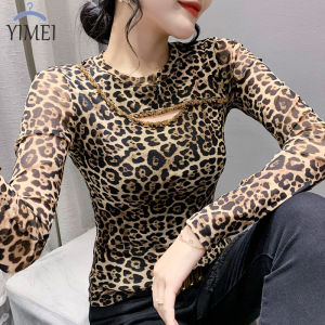AIYIKU Áo Thun Nữ Họa Tiết Da Báo Đính Cườm Cổ Tròn Mùa Thu 2022 Áo Lưới Dài Tay Màu Đen Áo Ôm Sát Khoét Lỗ Thời Trang
