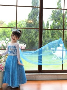 Halloween Elsa Princess Dress Girls Birthday Ice Queen Costume Floor-Length Skirt Childrens Long Sleeve Pure Color Clothing