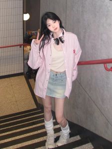 Retro Korean Style Loose Long Sleeve Striped Shirt Womens Pink College Fashion Shirt Comfortable Lazy Style Autumn Winter Shirt