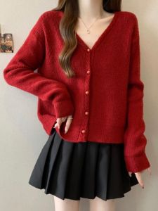Red V-Neck Knitted Open Cardigan Sweater Womens Spring Autumn New plus Size Slimming Age-Defying High-End Base Top
