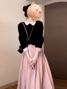 Pink Long Dress Set Womens Fashion Autumn Winter High Waist A-Line Skirt Casual Style Polyester Fiber Long Sleeve High Quality