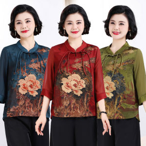 เสื้อยืดคุณแม่ชุดฤดูร้อนเสื้อตัวเล็กผ้าไหมเทียมสไตล์จีนแบบใหม่เสื้อแขนสามส่วนปกกี่เพ้าพิมพ์ลายสไตล์จีนแนวคุณยายแบบใหม่