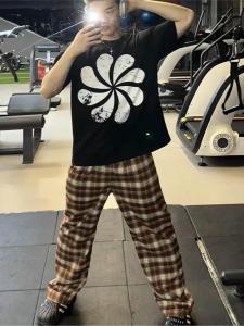 กางเกงขายาวทรงตรงลายสก็อตย้อนยุคสไตล์อเมริกันสำหรับผู้ชายและผู้หญิง กางเกงขายาวทรงหลวมสบาย ๆ สำหรับฤดูใบไม้ร่วง