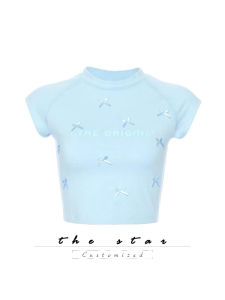 Sweet Butterfly Knot Short Sleeve Slim Fit T-Shirt Shoulder Baring Short Style Spicy Female Summer Fashion Cotton Blend Tee