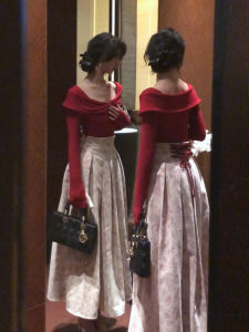 PEIZIXUAN | French Red Off-the-Shoulder Dress Autumn/Winter