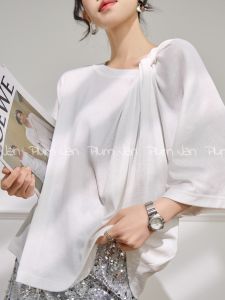 PlumJan | Áo Thun Mùa Hè Dễ Thương Tay Ngắn Bảy Thiết Kế Xoắn Asymmetric Trắng