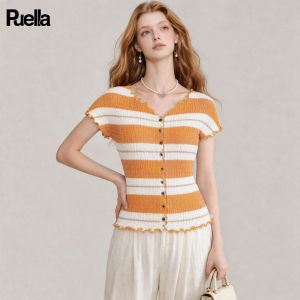 puella | Striped V-Neck Short Slimming Buttoned T-Shirt
