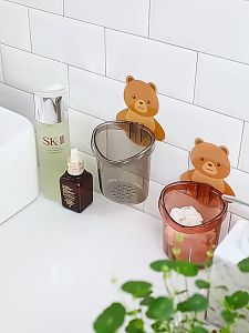 iPii Bear toothbrush rack holder hanger/penyangkut pemegang rak berus gigi Cute Bear Design Wall Mounted Holder Toothbrush Organiser Face Cleaner Storage Rack Suction Cup for Bathroom Toilet makeup rack