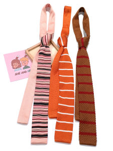 Mimi Polyester Knitted Necktie Female Retro Thin Narrow 5cm Gradient Pink Orange White Horizontal Stripes Student Gentle