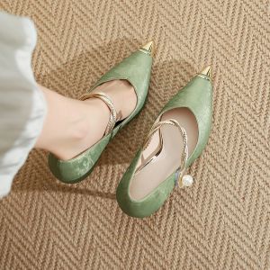 Mary Jane High Heels Womens Small Size New Chinese Style National Trend Matching Skirts Thin Heel Pointed Toe Large Size Single Shoes Green