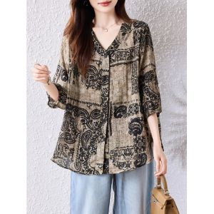 Áo Sơ Mi Chống Nắng in Họa Tiết Phong Cách Lười Biếng Nhẹ Mùa Hè 2025 Áo Khoác Ngoài Rộng Rãi Làm Việc Thường Ngày Cổ Chữ V Tay Ngắn