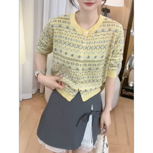 QINGNAER | Slimming Printed Knit Cardigan Blouse